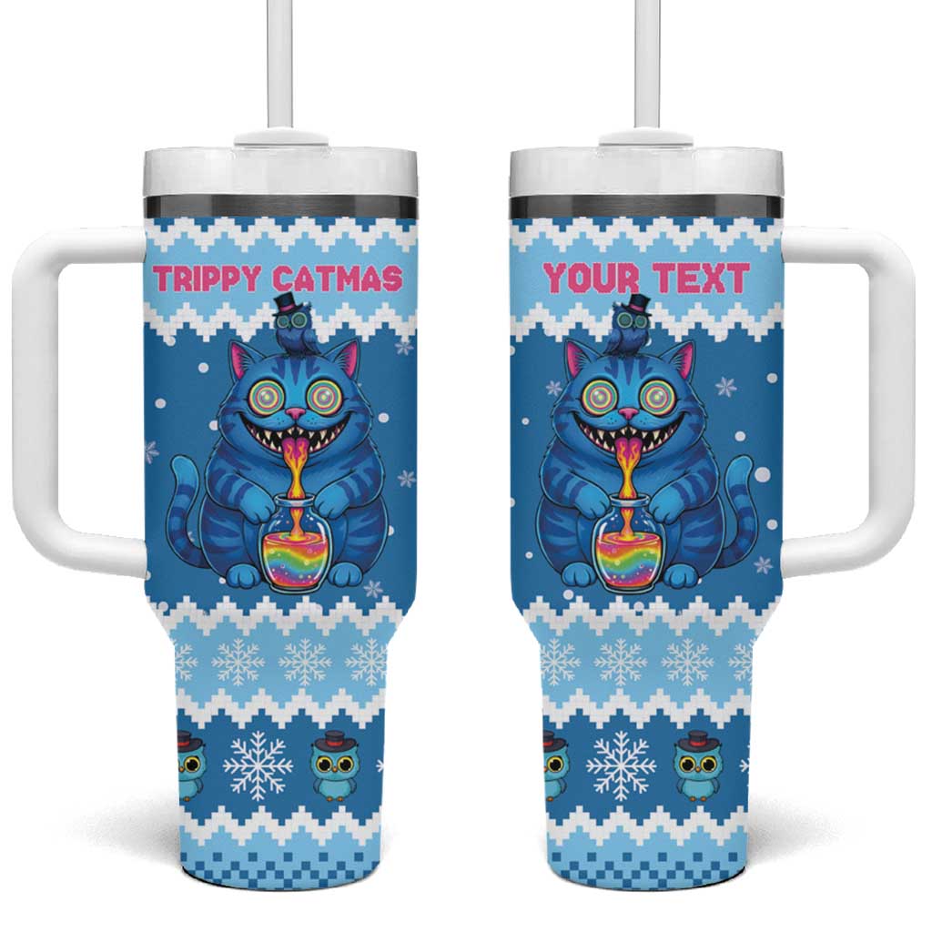 Personalized Trippy Catmas Tumbler With Handle Cute Blue Derpy Cat and Owl Companion - Wonder Print Shop