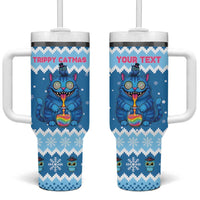 Personalized Trippy Catmas Tumbler With Handle Cute Blue Derpy Cat and Owl Companion - Wonder Print Shop
