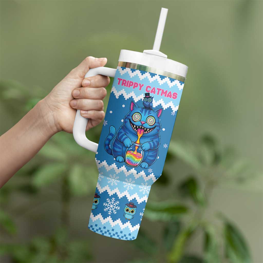 Personalized Trippy Catmas Tumbler With Handle Cute Blue Derpy Cat and Owl Companion - Wonder Print Shop
