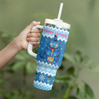 Personalized Trippy Catmas Tumbler With Handle Cute Blue Derpy Cat and Owl Companion - Wonder Print Shop