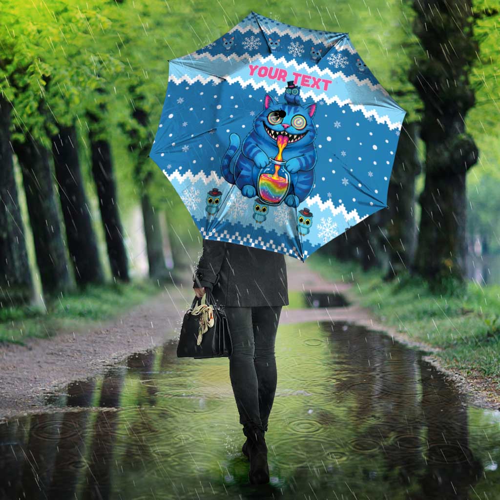 Personalized Trippy Catmas Umbrella Cute Blue Derpy Cat and Owl Companion - Wonder Print Shop