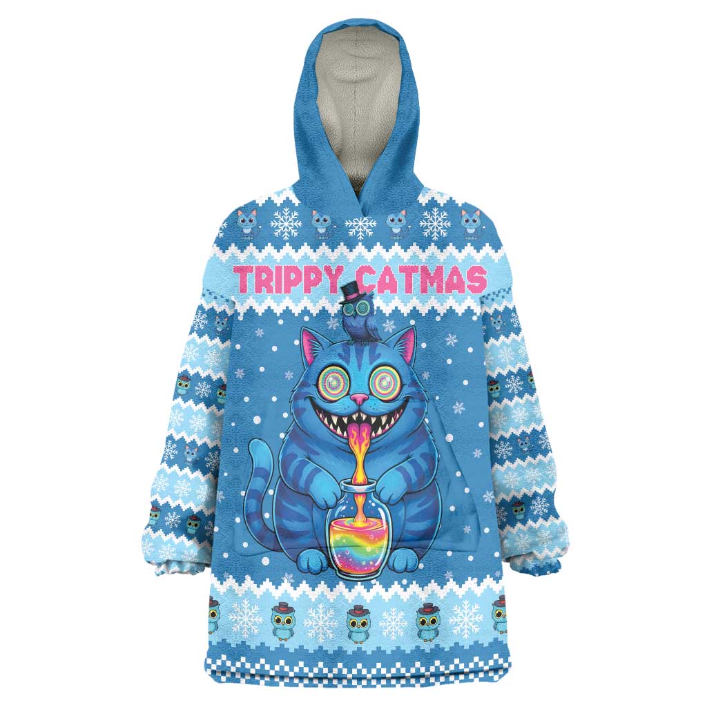 Personalized Trippy Catmas Wearable Blanket Hoodie Cute Blue Derpy Cat and Owl Companion - Wonder Print Shop