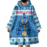 Personalized Trippy Catmas Wearable Blanket Hoodie Cute Blue Derpy Cat and Owl Companion - Wonder Print Shop