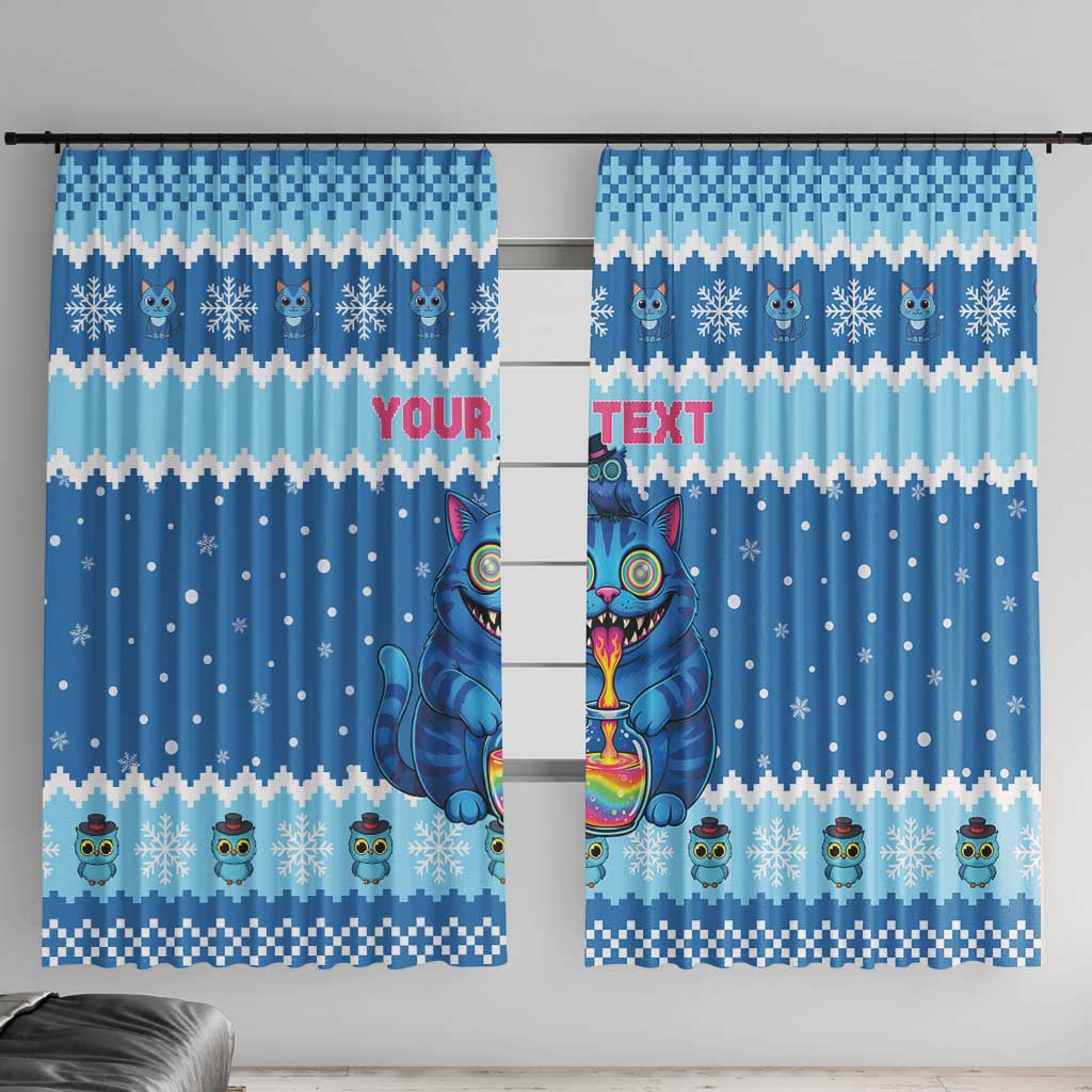Personalized Trippy Catmas Window Curtain Cute Blue Derpy Cat and Owl Companion - Wonder Print Shop