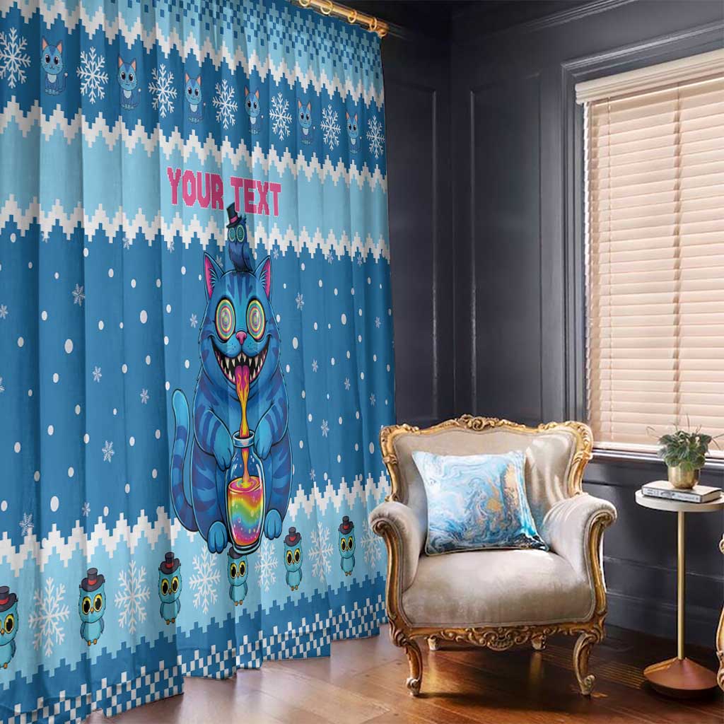 Personalized Trippy Catmas Window Curtain Cute Blue Derpy Cat and Owl Companion - Wonder Print Shop
