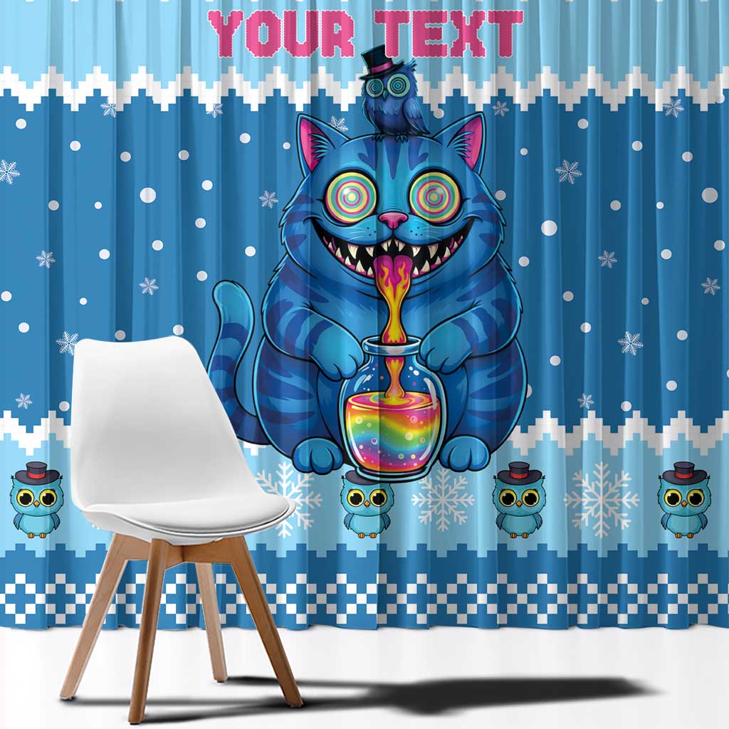 Personalized Trippy Catmas Window Curtain Cute Blue Derpy Cat and Owl Companion - Wonder Print Shop