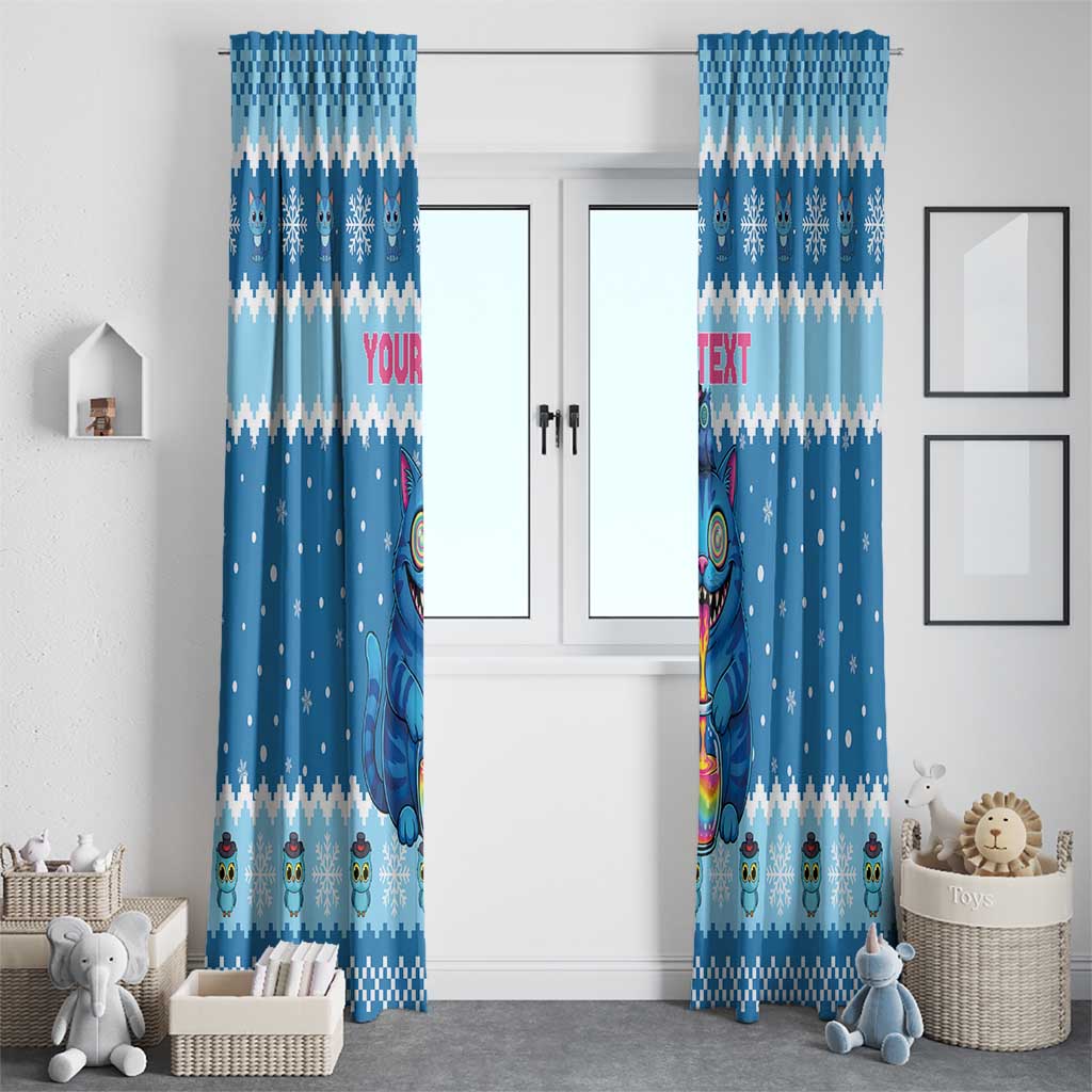 Personalized Trippy Catmas Window Curtain Cute Blue Derpy Cat and Owl Companion - Wonder Print Shop