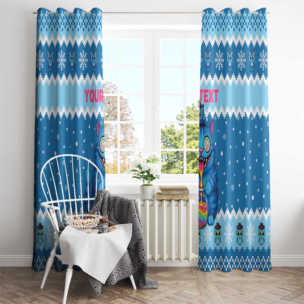 Personalized Trippy Catmas Window Curtain Cute Blue Derpy Cat and Owl Companion - Wonder Print Shop