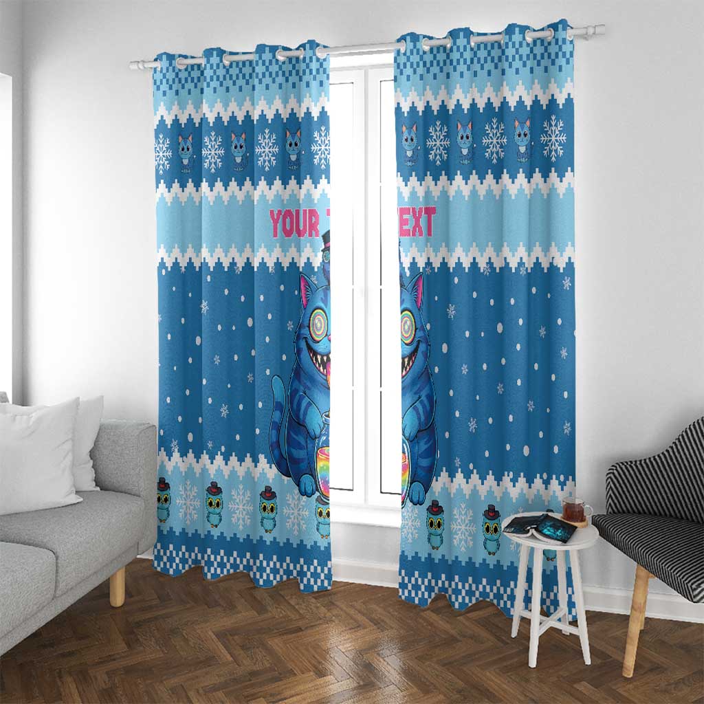 Personalized Trippy Catmas Window Curtain Cute Blue Derpy Cat and Owl Companion - Wonder Print Shop