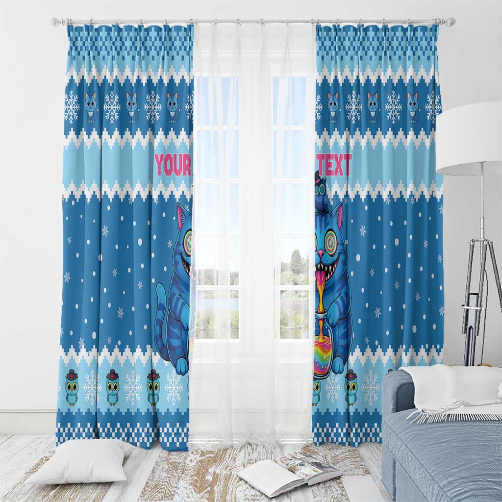 Personalized Trippy Catmas Window Curtain Cute Blue Derpy Cat and Owl Companion - Wonder Print Shop