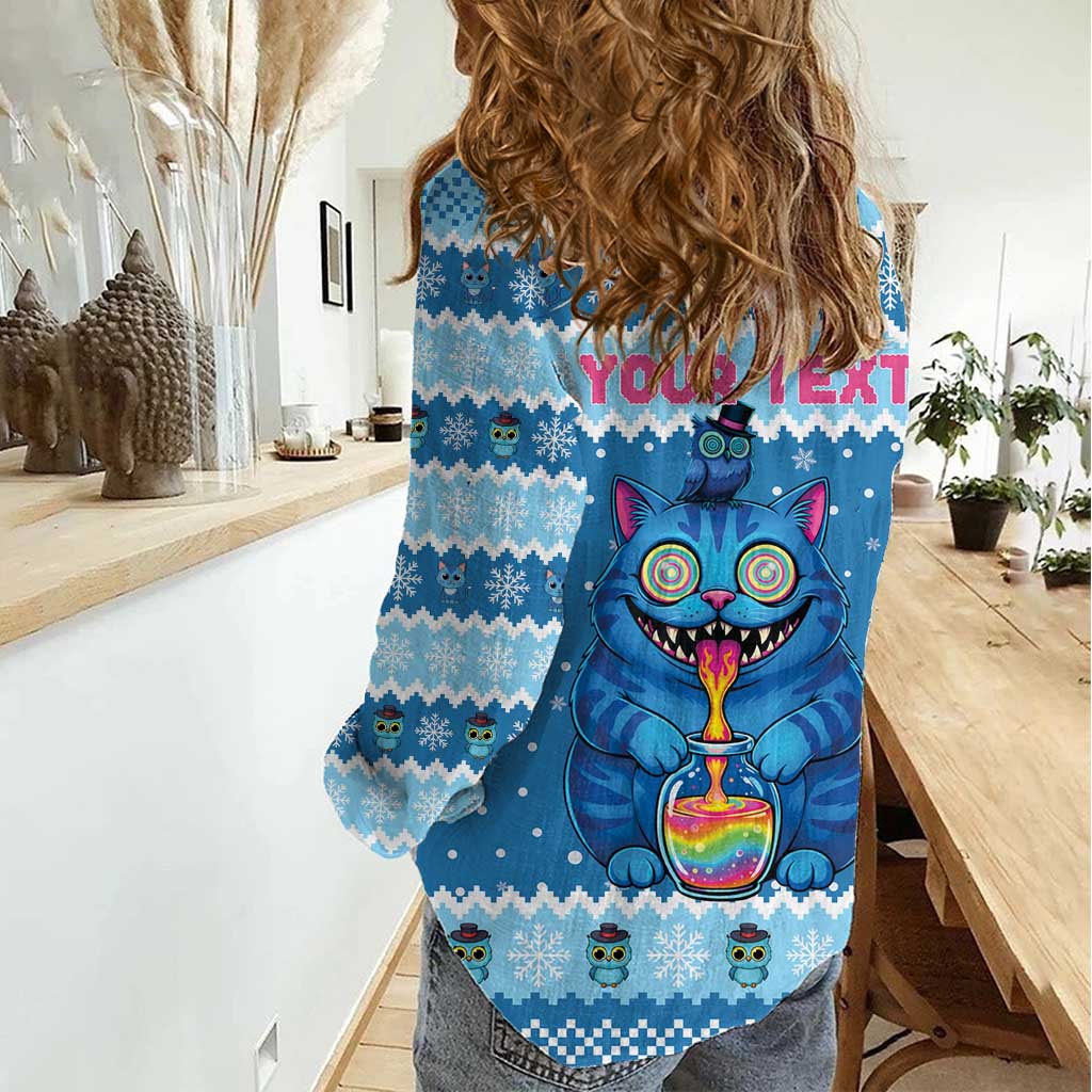 Personalized Trippy Catmas Women Casual Shirt Cute Blue Derpy Cat and Owl Companion - Wonder Print Shop
