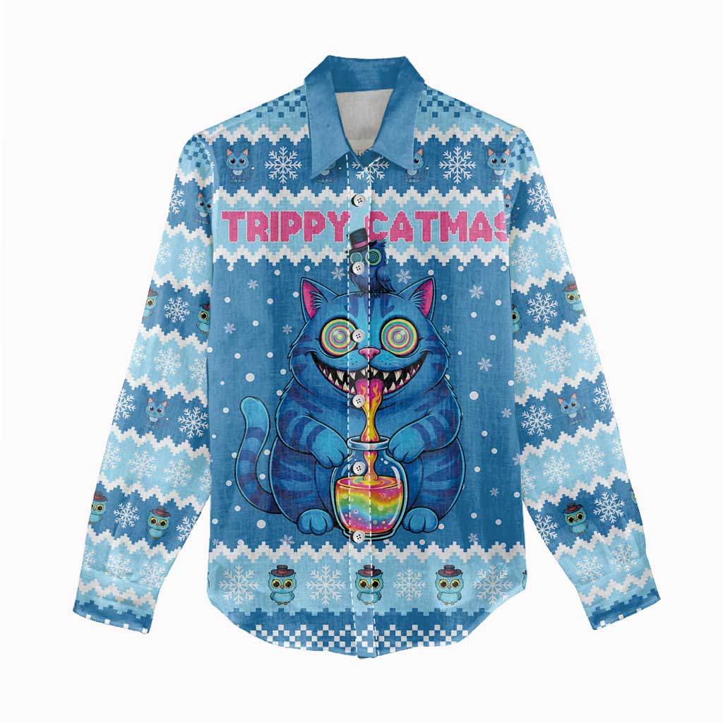 Personalized Trippy Catmas Women Casual Shirt Cute Blue Derpy Cat and Owl Companion - Wonder Print Shop