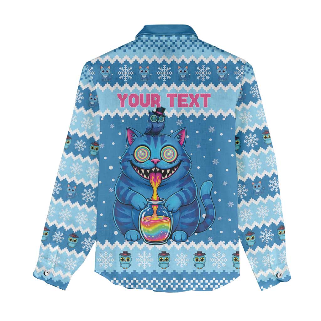 Personalized Trippy Catmas Women Casual Shirt Cute Blue Derpy Cat and Owl Companion - Wonder Print Shop