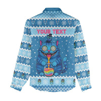 Personalized Trippy Catmas Women Casual Shirt Cute Blue Derpy Cat and Owl Companion - Wonder Print Shop