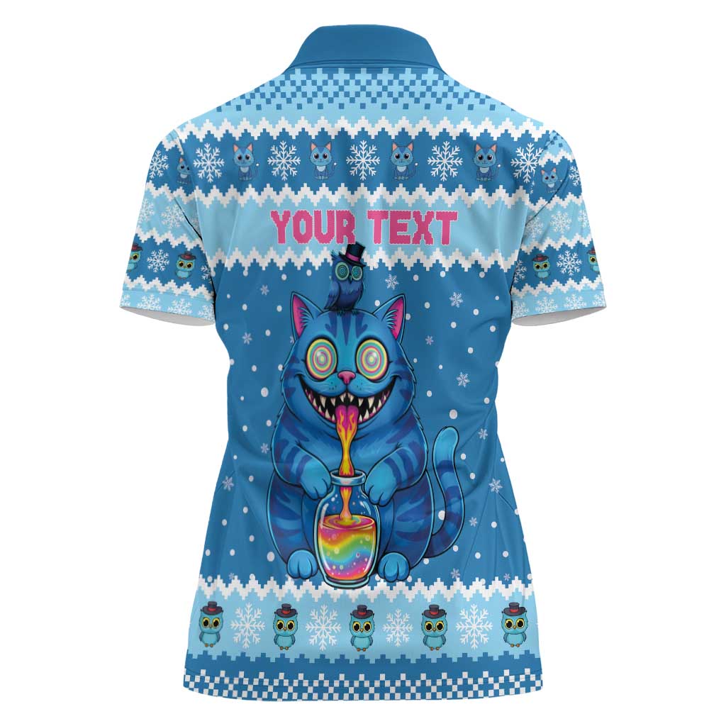 Personalized Trippy Catmas Women Polo Shirt Cute Blue Derpy Cat and Owl Companion - Wonder Print Shop