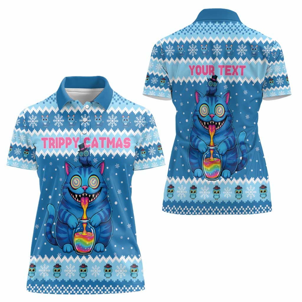 Personalized Trippy Catmas Women Polo Shirt Cute Blue Derpy Cat and Owl Companion - Wonder Print Shop