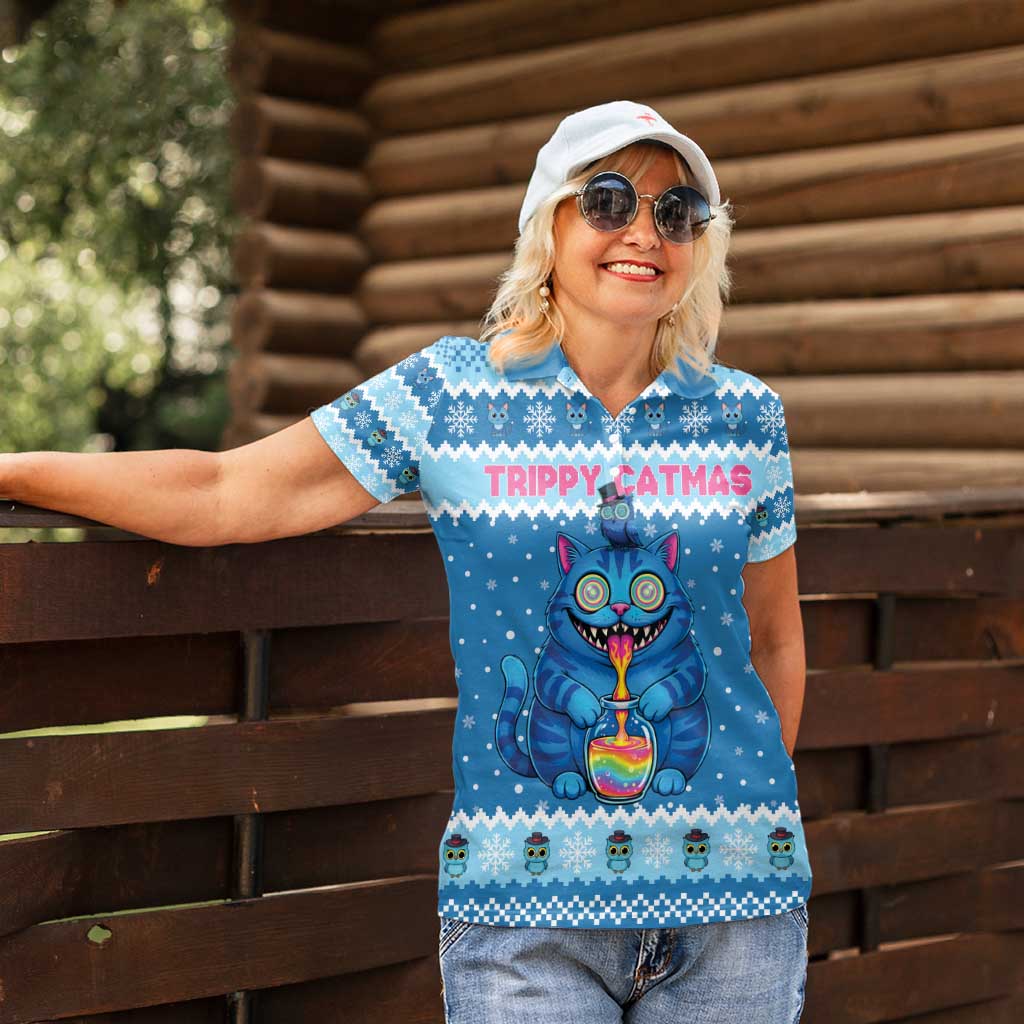 Personalized Trippy Catmas Women Polo Shirt Cute Blue Derpy Cat and Owl Companion - Wonder Print Shop