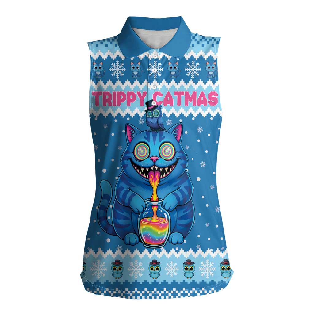 Personalized Trippy Catmas Women Sleeveless Polo Shirt Cute Blue Derpy Cat and Owl Companion - Wonder Print Shop