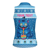 Personalized Trippy Catmas Women Sleeveless Polo Shirt Cute Blue Derpy Cat and Owl Companion - Wonder Print Shop
