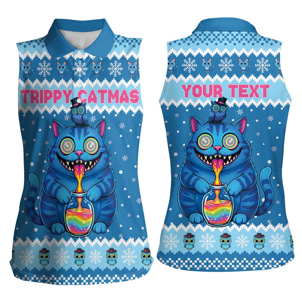 Personalized Trippy Catmas Women Sleeveless Polo Shirt Cute Blue Derpy Cat and Owl Companion - Wonder Print Shop
