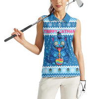 Personalized Trippy Catmas Women Sleeveless Polo Shirt Cute Blue Derpy Cat and Owl Companion - Wonder Print Shop