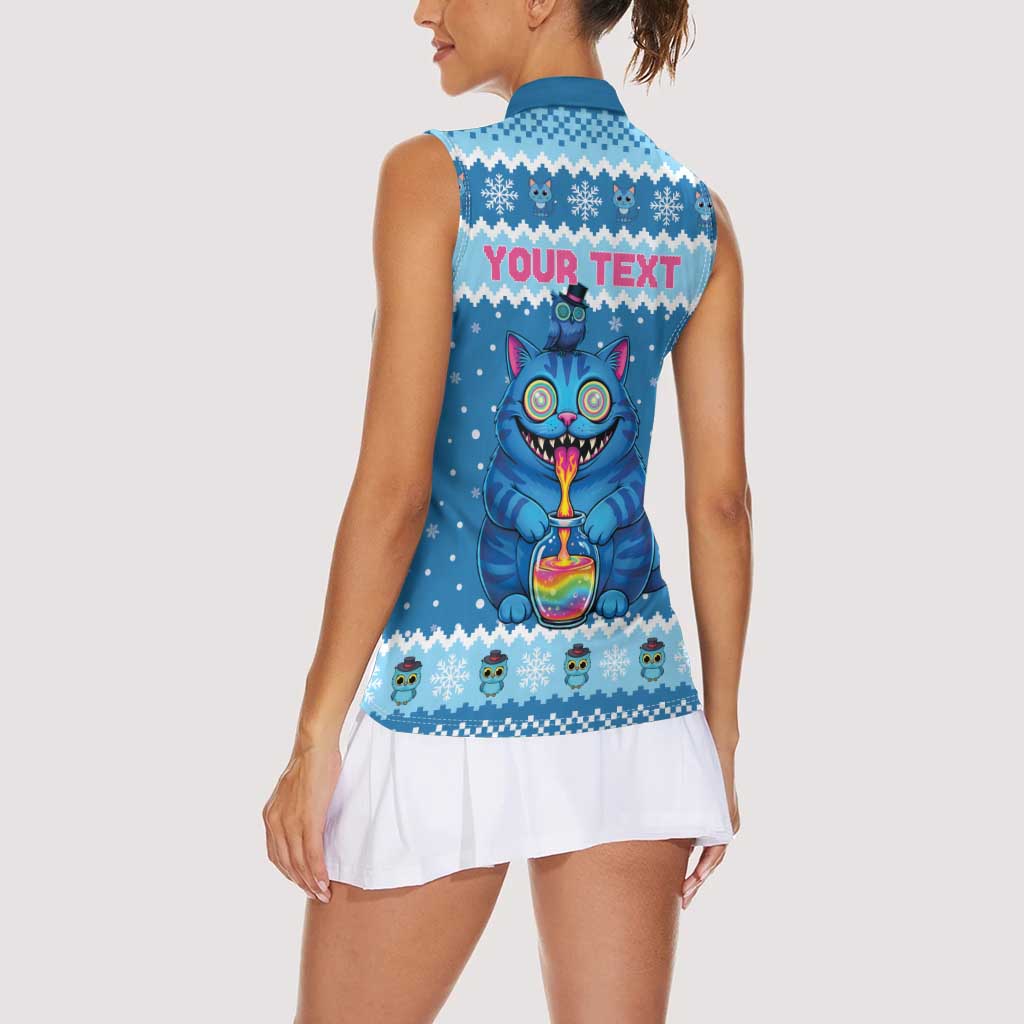 Personalized Trippy Catmas Women Sleeveless Polo Shirt Cute Blue Derpy Cat and Owl Companion - Wonder Print Shop