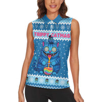 Personalized Trippy Catmas Women Sleeveless Polo Shirt Cute Blue Derpy Cat and Owl Companion - Wonder Print Shop