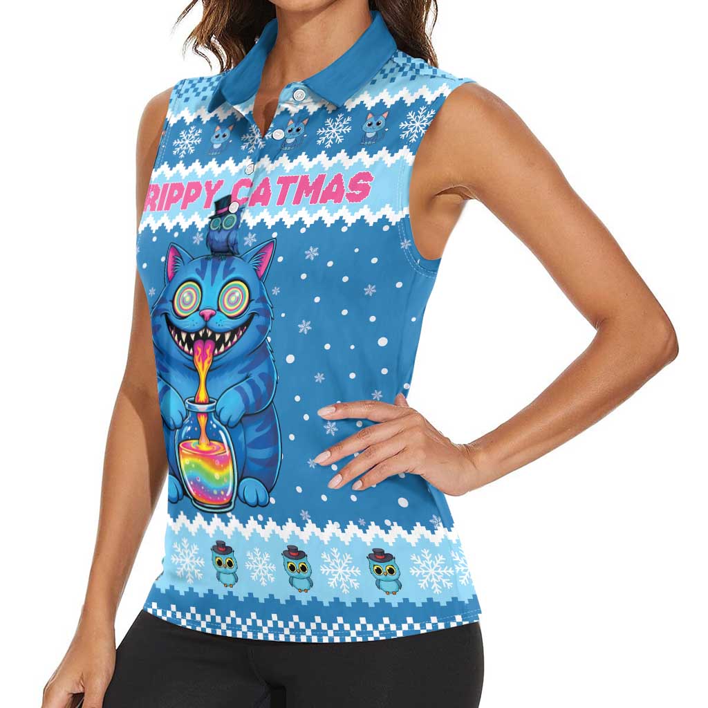 Personalized Trippy Catmas Women Sleeveless Polo Shirt Cute Blue Derpy Cat and Owl Companion - Wonder Print Shop