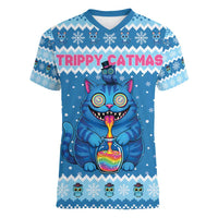 Personalized Trippy Catmas Women V-Neck T-Shirt Cute Blue Derpy Cat and Owl Companion - Wonder Print Shop