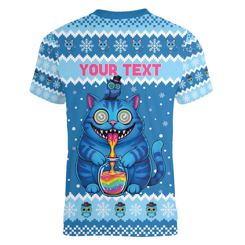 Personalized Trippy Catmas Women V-Neck T-Shirt Cute Blue Derpy Cat and Owl Companion - Wonder Print Shop