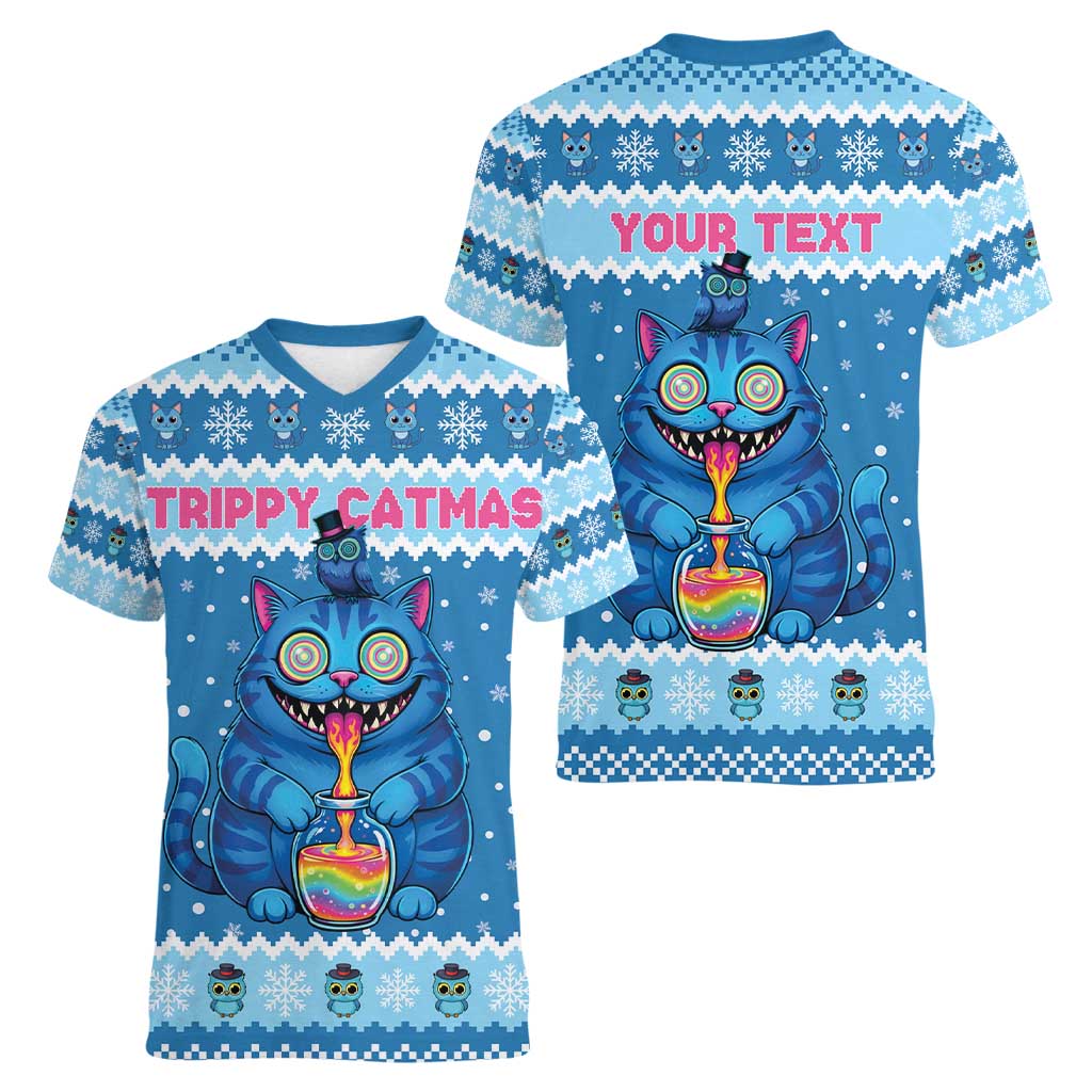 Personalized Trippy Catmas Women V-Neck T-Shirt Cute Blue Derpy Cat and Owl Companion - Wonder Print Shop