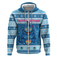 Personalized Trippy Catmas Zip Hoodie Cute Blue Derpy Cat and Owl Companion - Wonder Print Shop
