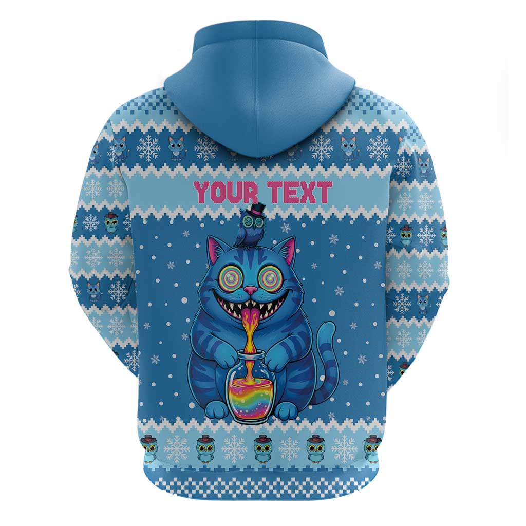 Personalized Trippy Catmas Zip Hoodie Cute Blue Derpy Cat and Owl Companion - Wonder Print Shop