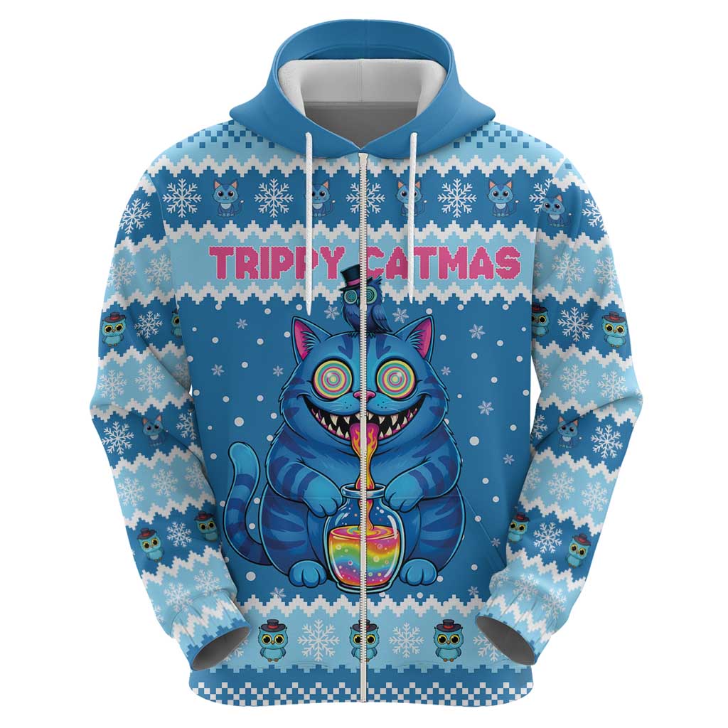 Personalized Trippy Catmas Zip Hoodie Cute Blue Derpy Cat and Owl Companion - Wonder Print Shop