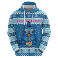 Personalized Trippy Catmas Zip Hoodie Cute Blue Derpy Cat and Owl Companion - Wonder Print Shop