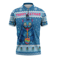 Personalized Trippy Catmas Zipper Polo Shirt Cute Blue Derpy Cat and Owl Companion - Wonder Print Shop