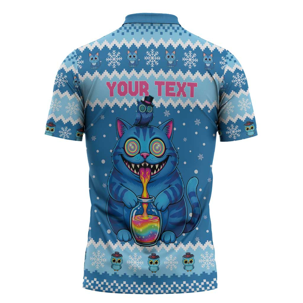 Personalized Trippy Catmas Zipper Polo Shirt Cute Blue Derpy Cat and Owl Companion - Wonder Print Shop