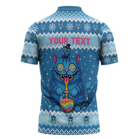 Personalized Trippy Catmas Zipper Polo Shirt Cute Blue Derpy Cat and Owl Companion - Wonder Print Shop
