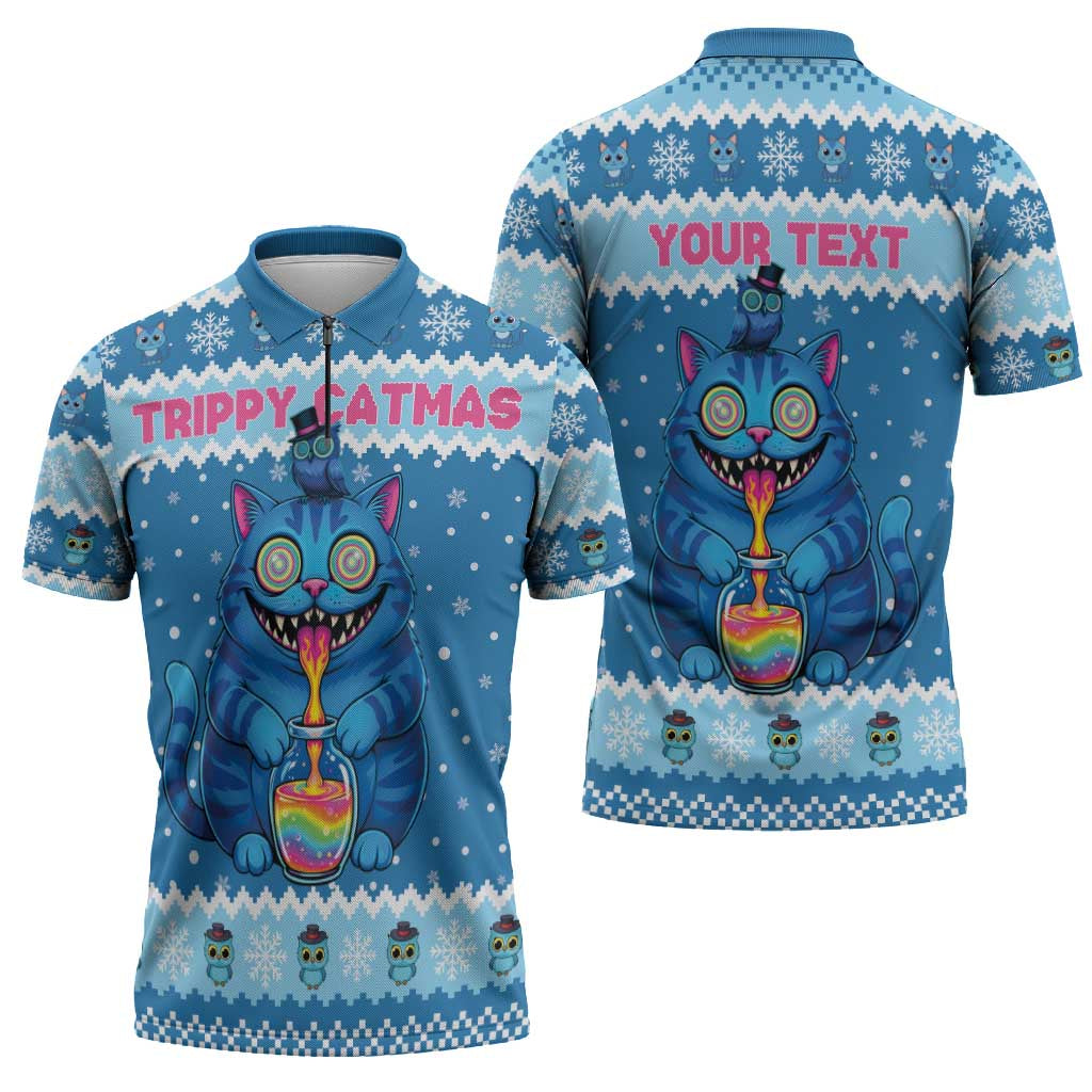 Personalized Trippy Catmas Zipper Polo Shirt Cute Blue Derpy Cat and Owl Companion - Wonder Print Shop