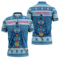 Personalized Trippy Catmas Zipper Polo Shirt Cute Blue Derpy Cat and Owl Companion - Wonder Print Shop