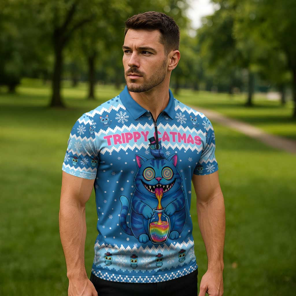 Personalized Trippy Catmas Zipper Polo Shirt Cute Blue Derpy Cat and Owl Companion - Wonder Print Shop