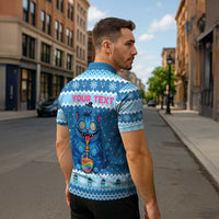Personalized Trippy Catmas Zipper Polo Shirt Cute Blue Derpy Cat and Owl Companion - Wonder Print Shop