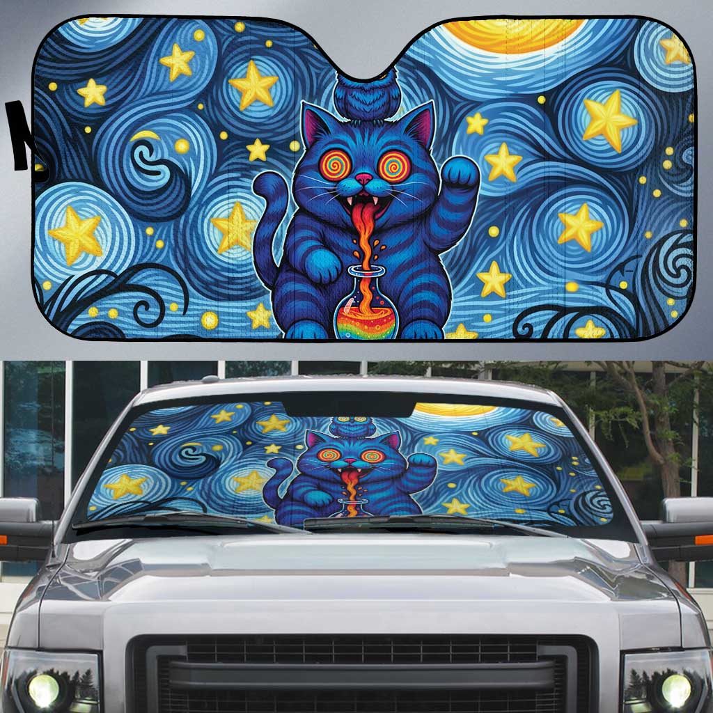Trippy Cat and Owl Auto Sun Shade Starry Psychedelic Vibes - Wonder Print Shop