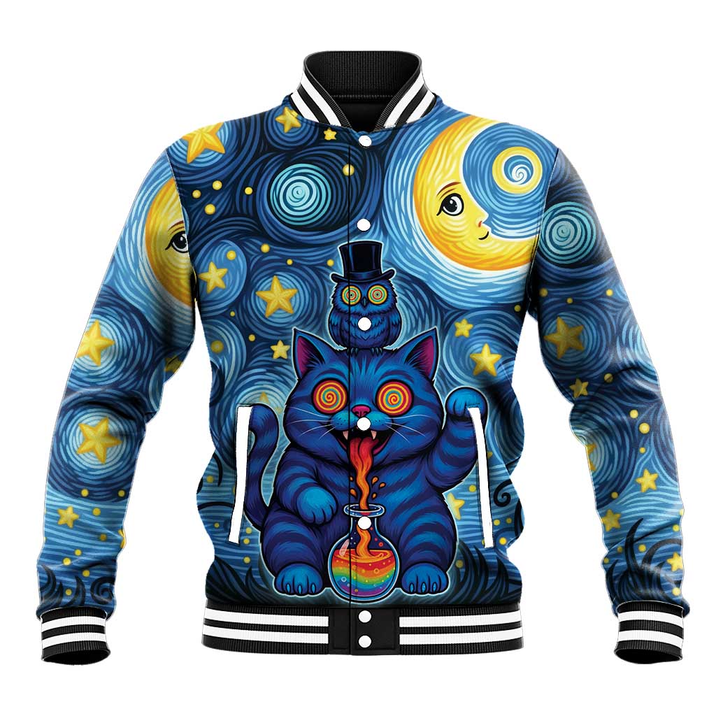 Trippy Cat and Owl Baseball Jacket Starry Psychedelic Vibes - Wonder Print Shop