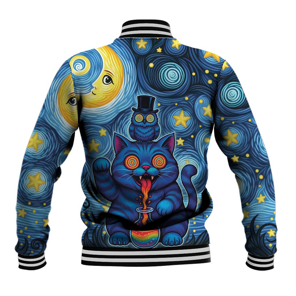 Trippy Cat and Owl Baseball Jacket Starry Psychedelic Vibes - Wonder Print Shop