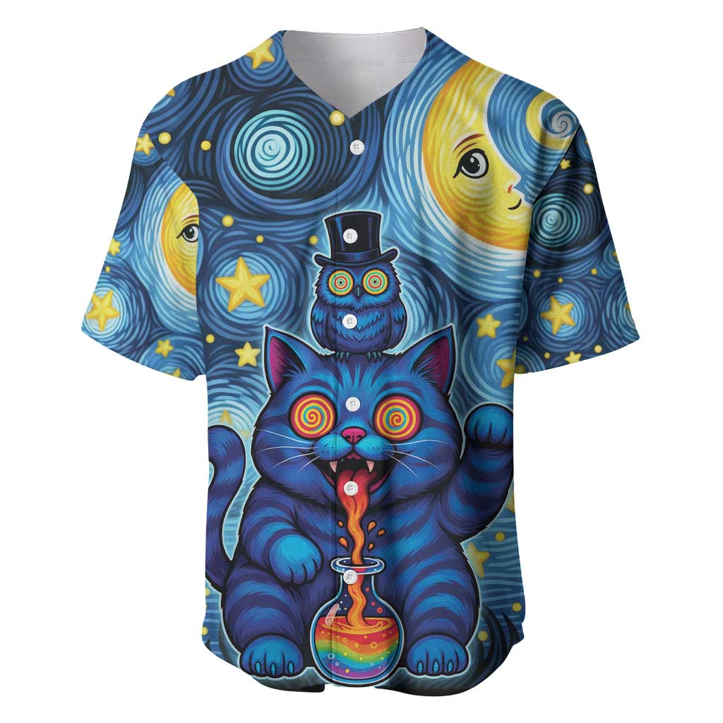 Trippy Cat and Owl Baseball Jersey Starry Psychedelic Vibes - Wonder Print Shop