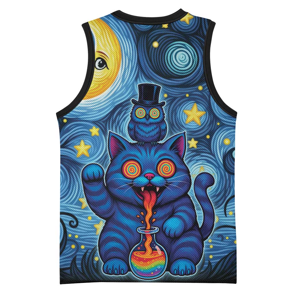Trippy Cat and Owl Basketball Jersey Starry Psychedelic Vibes - Wonder Print Shop