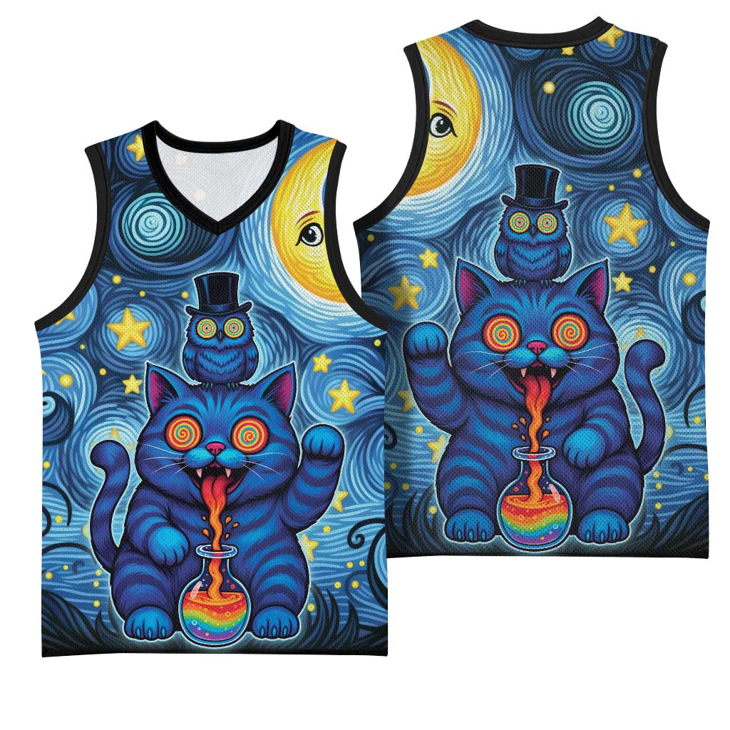 Trippy Cat and Owl Basketball Jersey Starry Psychedelic Vibes - Wonder Print Shop