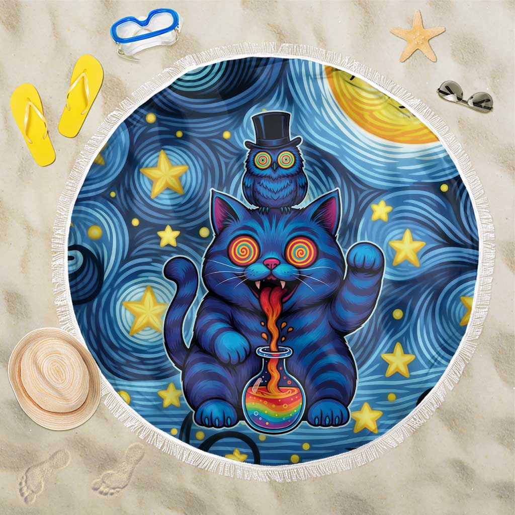 Trippy Cat and Owl Beach Blanket Starry Psychedelic Vibes - Wonder Print Shop