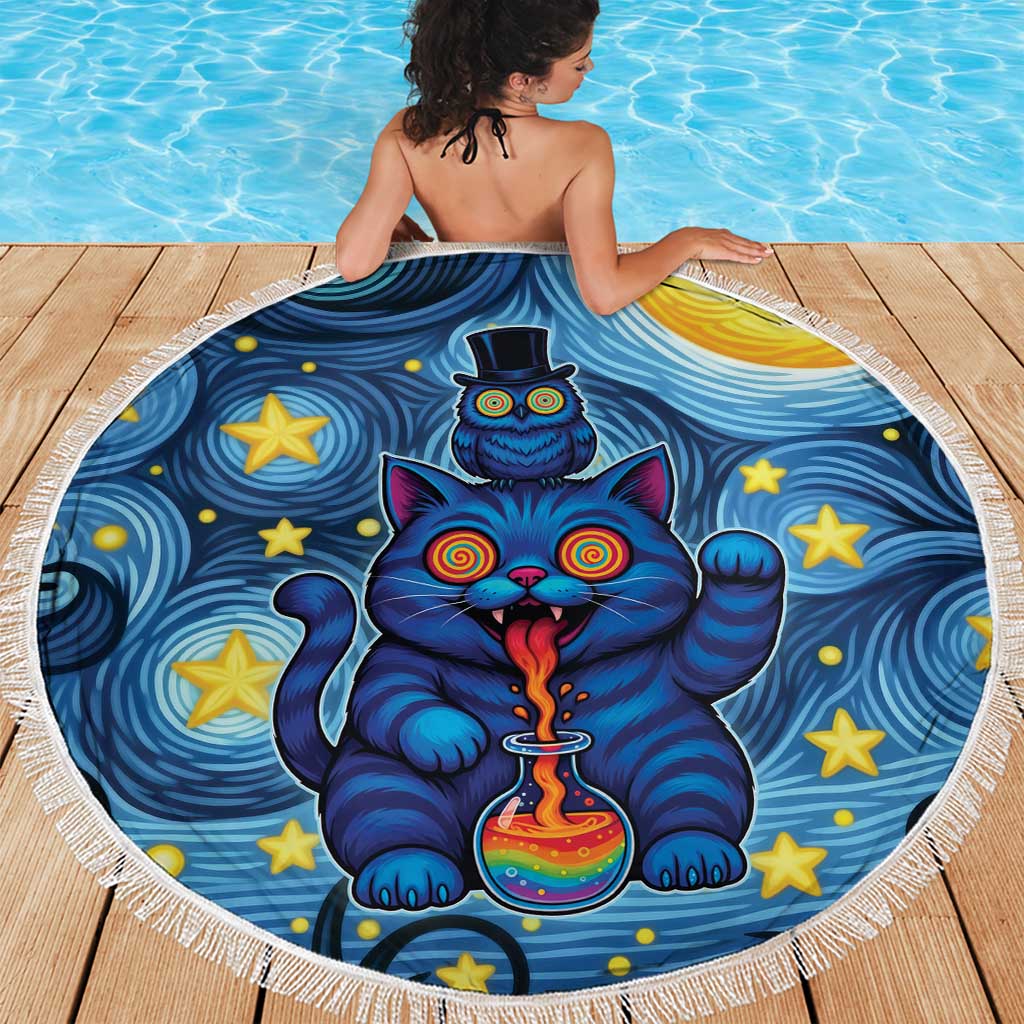 Trippy Cat and Owl Beach Blanket Starry Psychedelic Vibes - Wonder Print Shop
